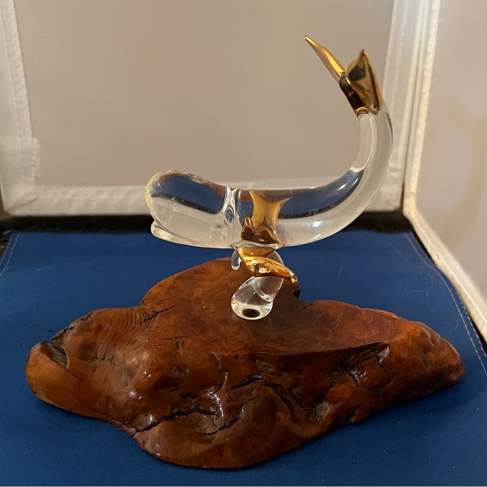 Whale Glass Gold Figurine Glass Vintage Glass on Wood Ocean Beach Decor 6 x 5"